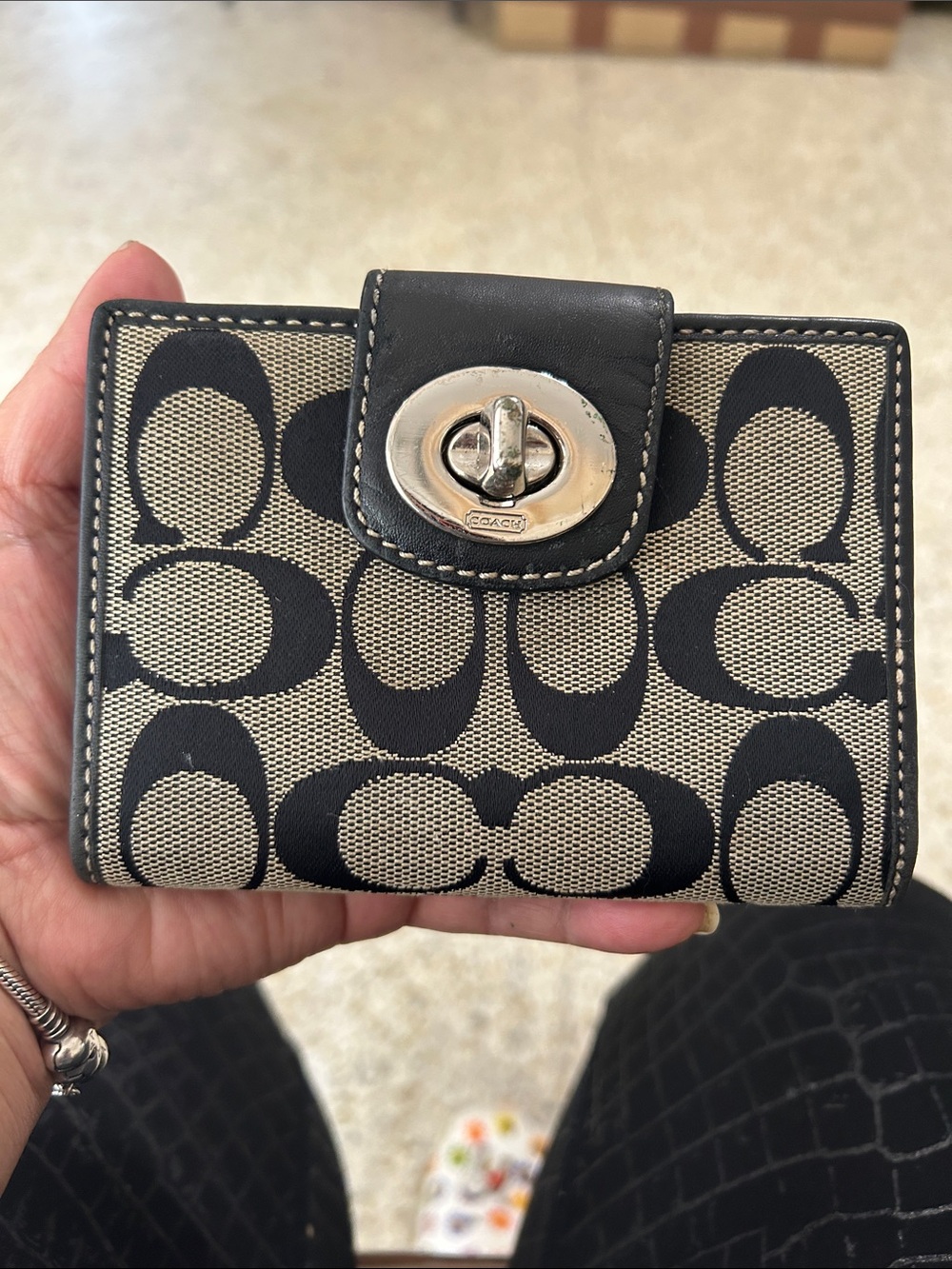 Coach Small Signature Canvas Wallet in Black and Tan